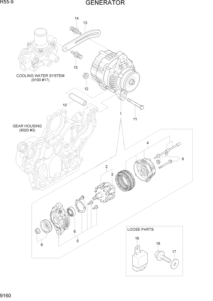 Схема запчастей Hyundai R55-9 - PAGE 9160 GENERATOR ДВИГАТЕЛЬ БАЗА