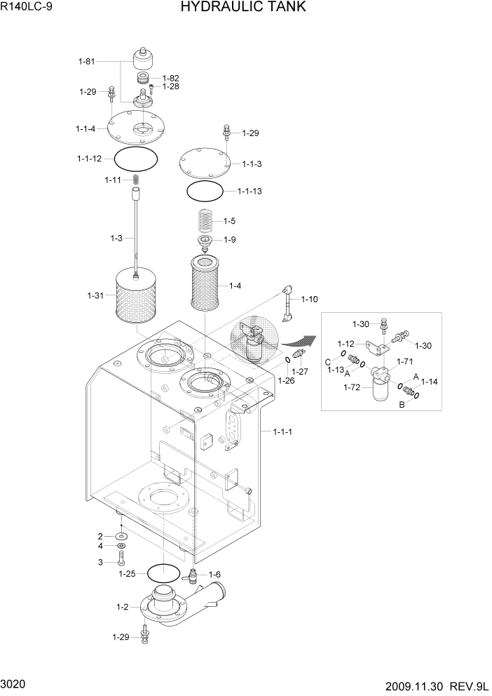 Схема запчастей Hyundai R140LC9 - PAGE 3020 HYDRAULIC TANK ГИДРАВЛИЧЕСКАЯ СИСТЕМА