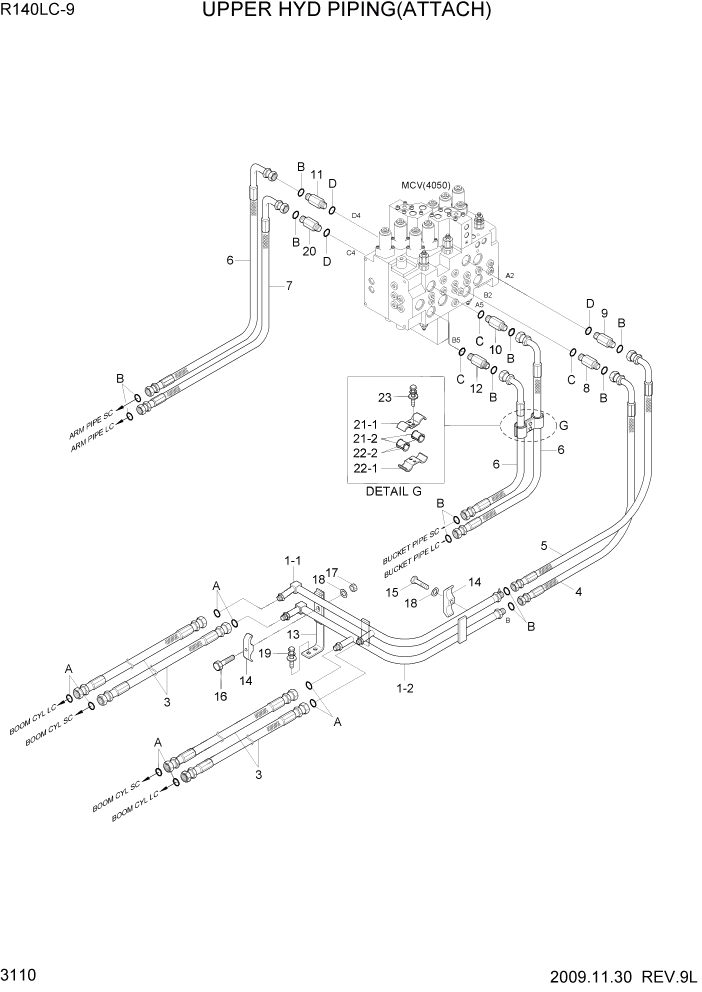 Схема запчастей Hyundai R140LC9 - PAGE 3110 UPPER HYD PIPING(ATTACH) ГИДРАВЛИЧЕСКАЯ СИСТЕМА