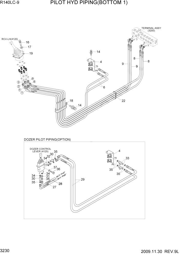 Схема запчастей Hyundai R140LC9 - PAGE 3230 PILOT HYD PIPING(BOTTOM 1) ГИДРАВЛИЧЕСКАЯ СИСТЕМА