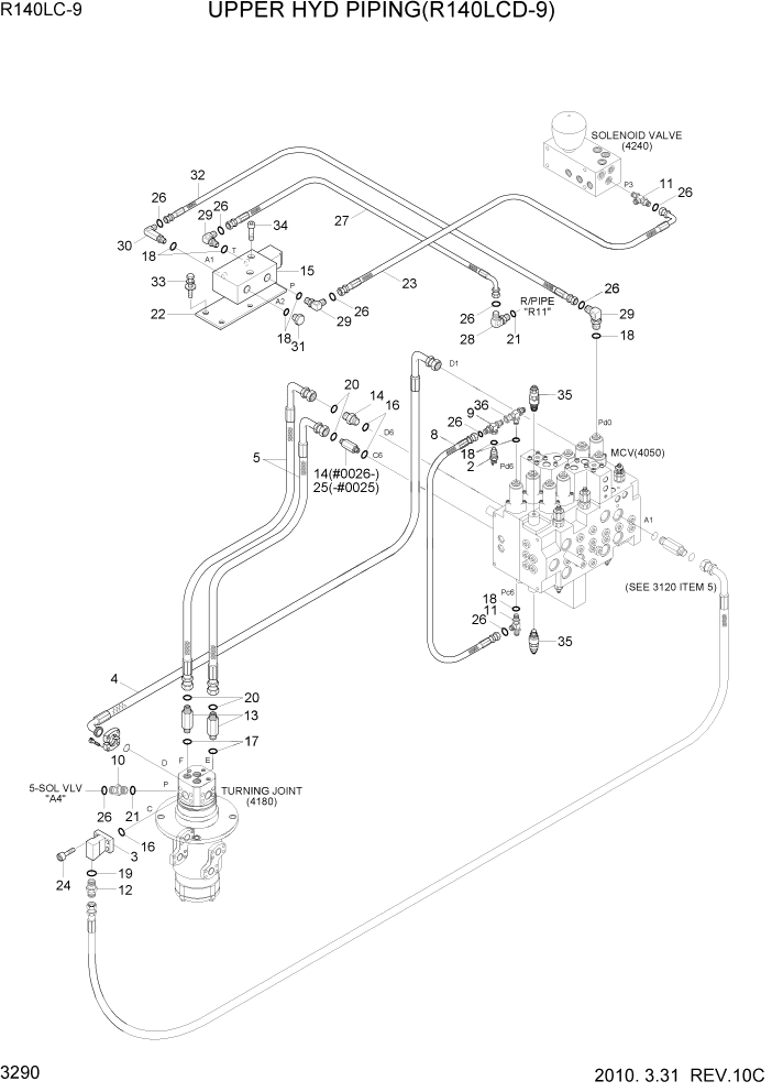 Схема запчастей Hyundai R140LC9 - PAGE 3290 UPPER HYD PIPING(R140LCD-9) ГИДРАВЛИЧЕСКАЯ СИСТЕМА