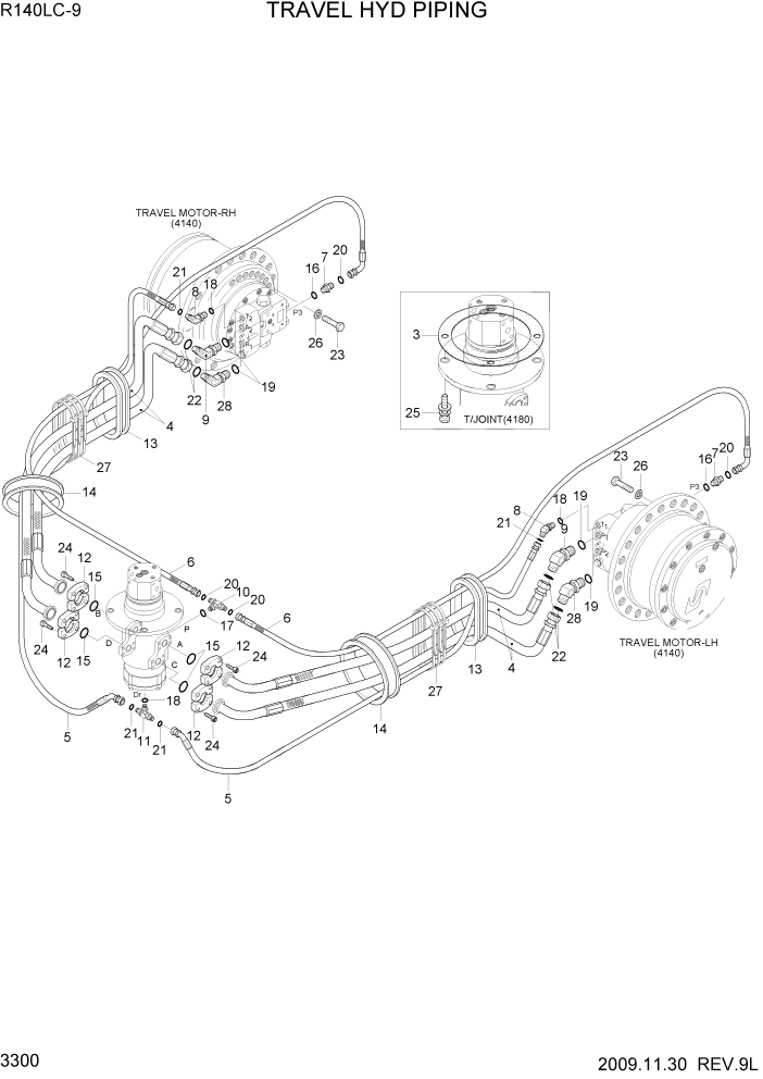 Схема запчастей Hyundai R140LC9 - PAGE 3300 TRAVEL HYD PIPING ГИДРАВЛИЧЕСКАЯ СИСТЕМА