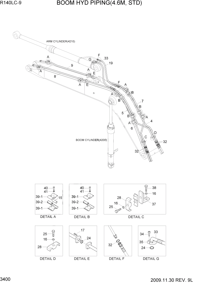 Схема запчастей Hyundai R140LC9 - PAGE 3400 BOOM HYD PIPING(4.6M, STD) ГИДРАВЛИЧЕСКАЯ СИСТЕМА