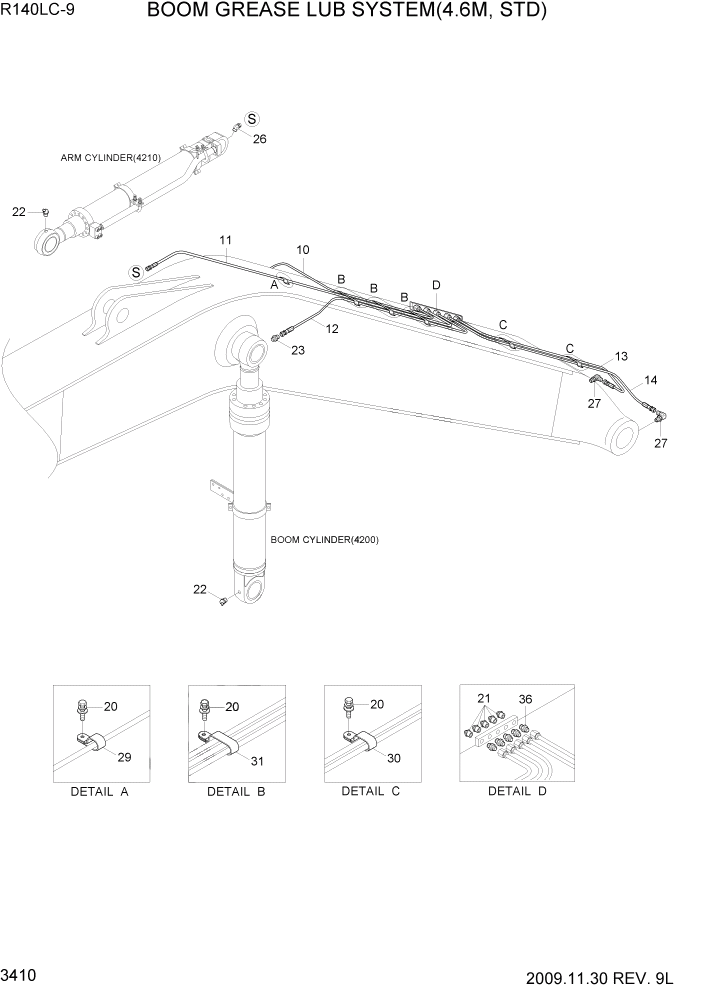 Схема запчастей Hyundai R140LC9 - PAGE 3410 BOOM GREASE LUB SYSTEM(4.6M, STD) ГИДРАВЛИЧЕСКАЯ СИСТЕМА