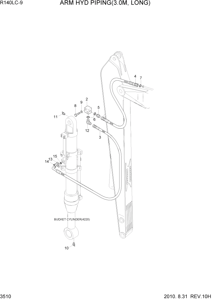 Схема запчастей Hyundai R140LC9 - PAGE 3510 ARM HYD PIPING(3.0M, LONG) ГИДРАВЛИЧЕСКАЯ СИСТЕМА