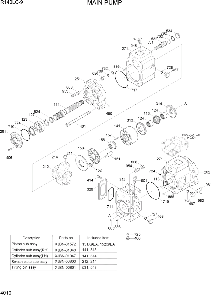 Схема запчастей Hyundai R140LC9 - PAGE 4010 MAIN PUMP ГИДРАВЛИЧЕСКИЕ КОМПОНЕНТЫ