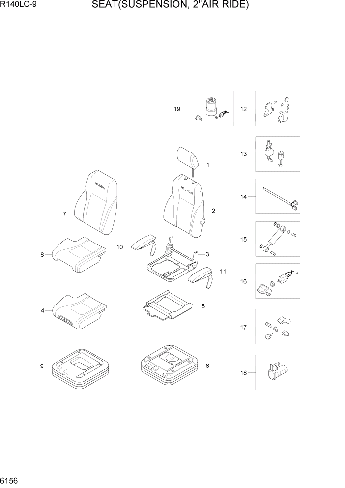 Схема запчастей Hyundai R140LC9 - PAGE 6156 SEAT(SUSPENSION, 2"AIR RIDE) СТРУКТУРА