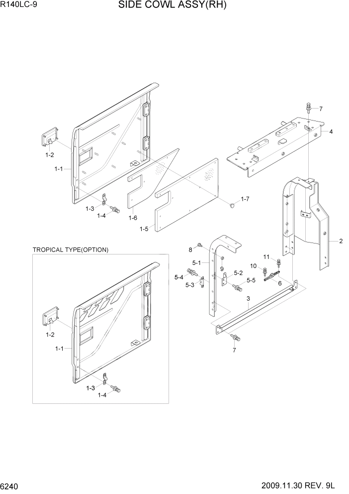 Схема запчастей Hyundai R140LC9 - PAGE 6240 SIDE COWL ASSY(RH) СТРУКТУРА