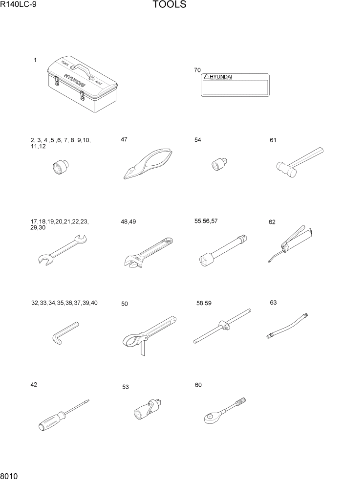 Схема запчастей Hyundai R140LC9 - PAGE 8010 TOOLS ДРУГИЕ ЧАСТИ