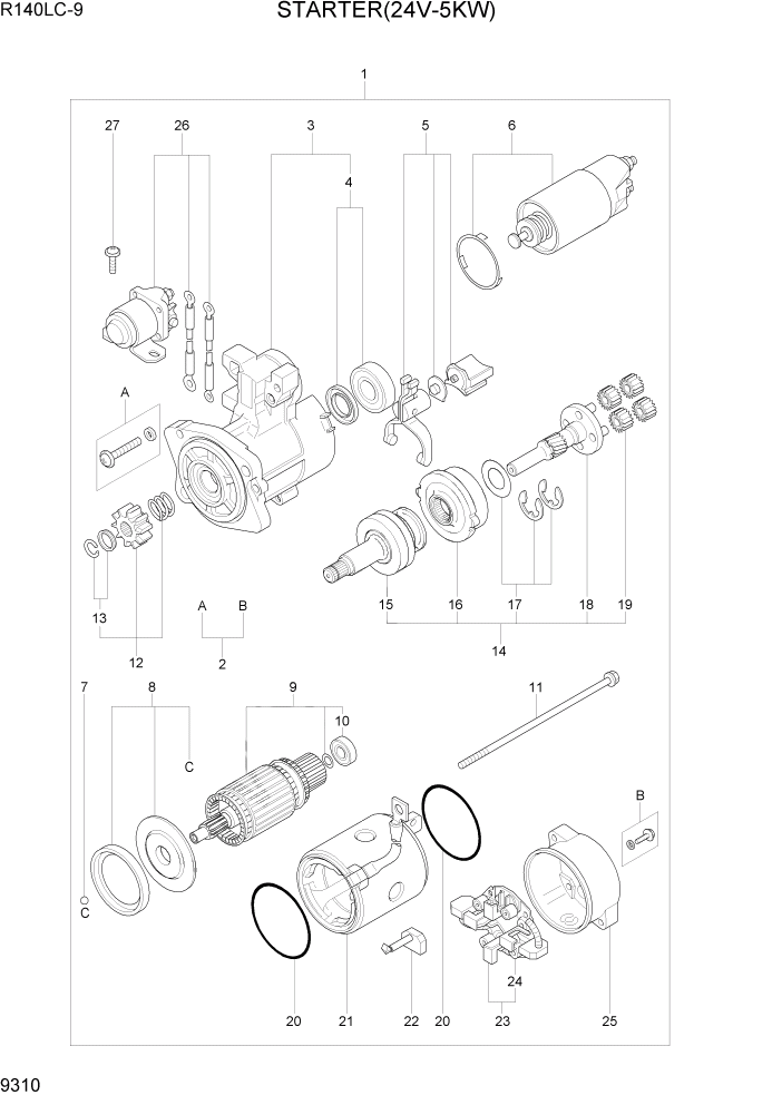 Схема запчастей Hyundai R140LC9 - PAGE 9310 STARTER (24V-5KW) ДВИГАТЕЛЬ БАЗА