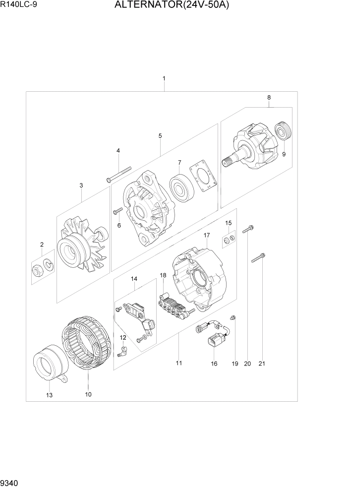 Схема запчастей Hyundai R140LC9 - PAGE 9340 ALTERNATOR (24V-50A) ДВИГАТЕЛЬ БАЗА