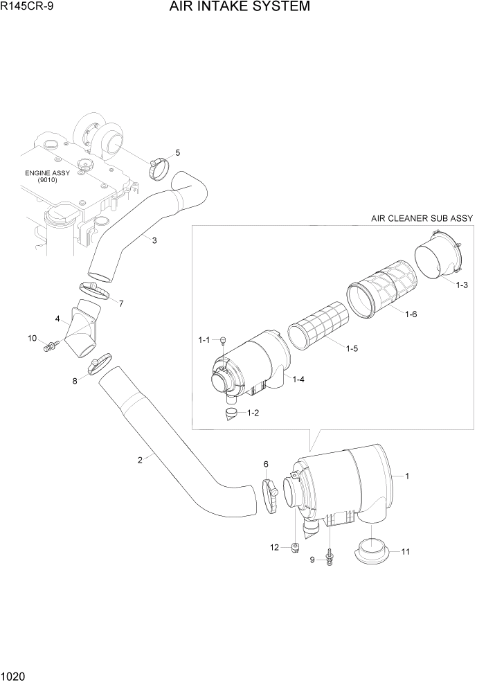 Схема запчастей Hyundai R145CR9 - PAGE 1020 AIR INTAKE SYSTEM СИСТЕМА ДВИГАТЕЛЯ