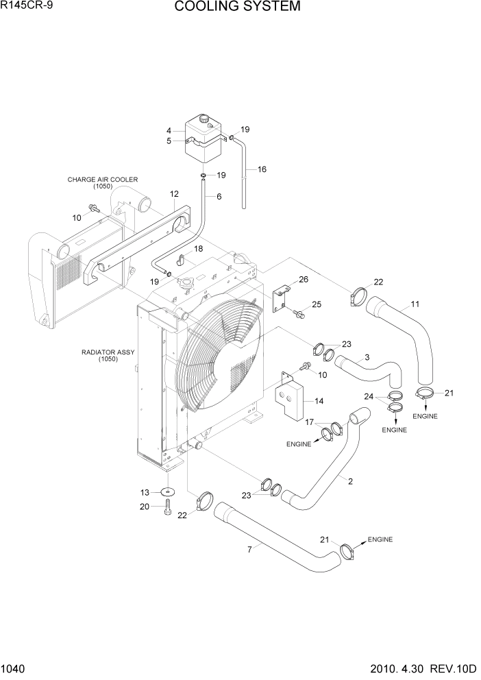 Схема запчастей Hyundai R145CR9 - PAGE 1040 COOLING SYSTEM СИСТЕМА ДВИГАТЕЛЯ