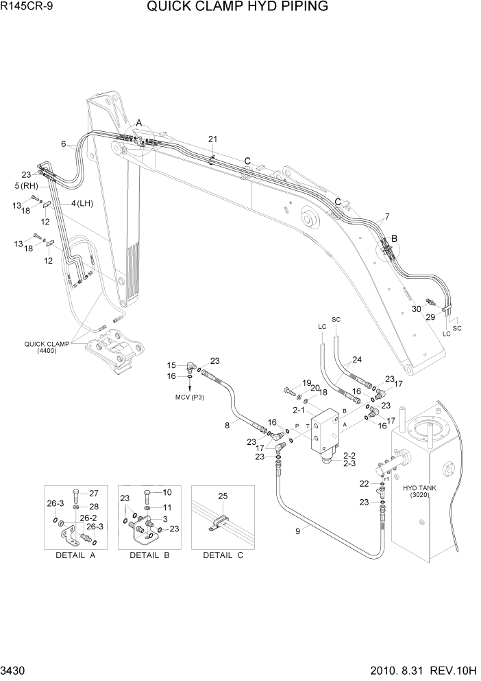 Схема запчастей Hyundai R145CR9 - PAGE 3430 QUICK CLAMP HYD PIPING ГИДРАВЛИЧЕСКАЯ СИСТЕМА