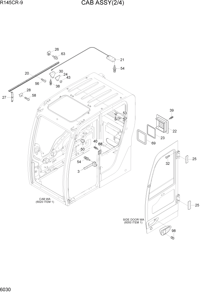 Схема запчастей Hyundai R145CR9 - PAGE 6030 CAB ASSY(2/4) СТРУКТУРА