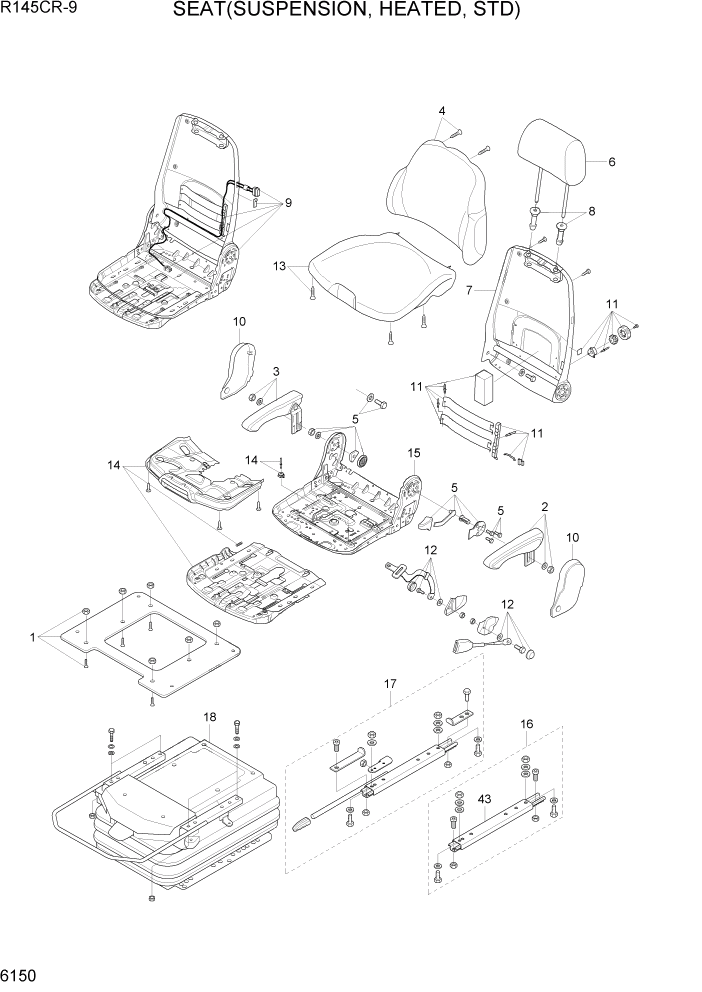 Схема запчастей Hyundai R145CR9 - PAGE 6150 SEAT(SUSPENSION, HEATED, STD) СТРУКТУРА