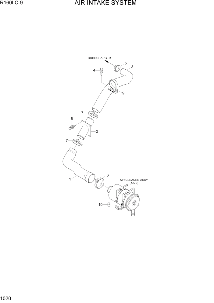 Схема запчастей Hyundai R160LC9 - PAGE 1020 AIR INTAKE SYSTEM СИСТЕМА ДВИГАТЕЛЯ