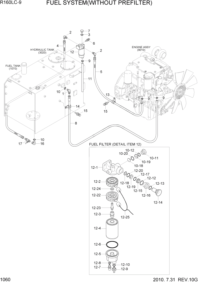 Схема запчастей Hyundai R160LC9 - PAGE 1060 FUEL SYSTEM(WITHOUT PREFILTER) СИСТЕМА ДВИГАТЕЛЯ