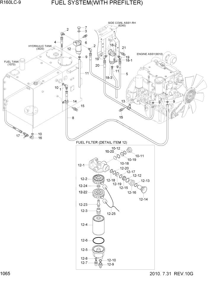 Схема запчастей Hyundai R160LC9 - PAGE 1065 FUEL SYSTEM(WITH PREFILTER) СИСТЕМА ДВИГАТЕЛЯ