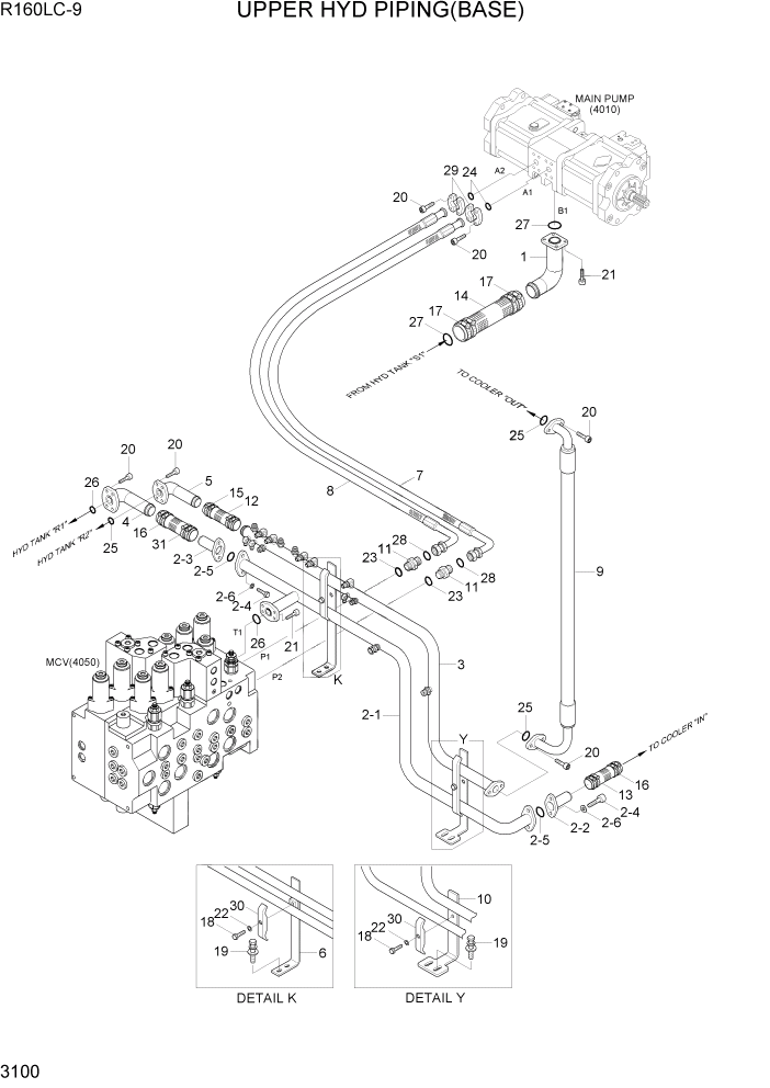 Схема запчастей Hyundai R160LC9 - PAGE 3100 UPPER HYD PIPING(BASE) ГИДРАВЛИЧЕСКАЯ СИСТЕМА