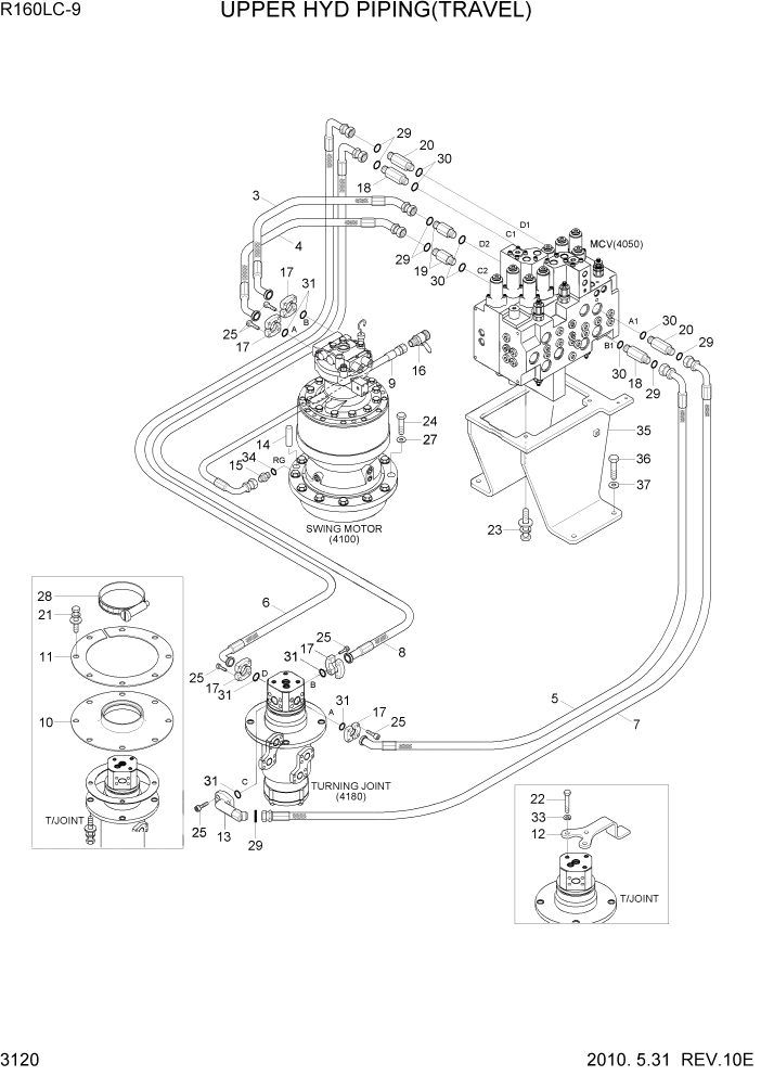 Схема запчастей Hyundai R160LC9 - PAGE 3120 UPPER HYD PIPING(TRAVEL) ГИДРАВЛИЧЕСКАЯ СИСТЕМА