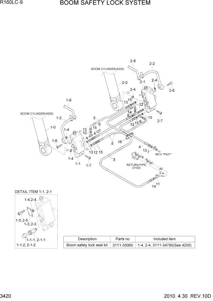 Схема запчастей Hyundai R160LC9 - PAGE 3420 BOOM SAFETY LOCK SYSTEM ГИДРАВЛИЧЕСКАЯ СИСТЕМА