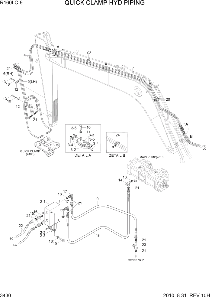 Схема запчастей Hyundai R160LC9 - PAGE 3430 QUICK CLAMP HYD PIPING ГИДРАВЛИЧЕСКАЯ СИСТЕМА