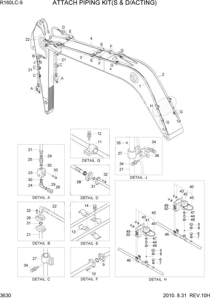 Схема запчастей Hyundai R160LC9 - PAGE 3630 ATTACH PIPING KIT(S & D/ACTING) ГИДРАВЛИЧЕСКАЯ СИСТЕМА