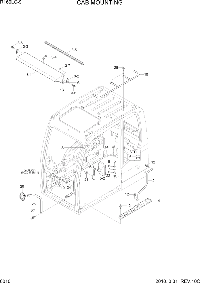 Схема запчастей Hyundai R160LC9 - PAGE 6010 CAB MOUNTING СТРУКТУРА