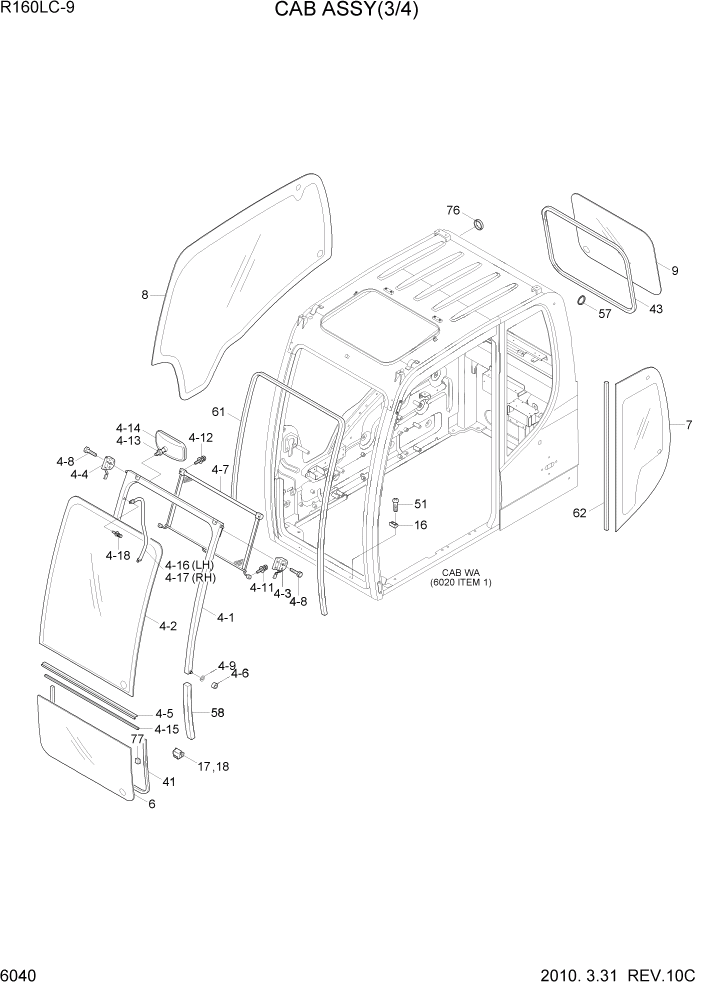 Схема запчастей Hyundai R160LC9 - PAGE 6040 CAB ASSY(3/4) СТРУКТУРА