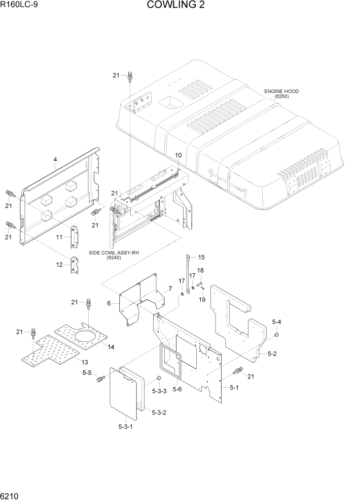 Схема запчастей Hyundai R160LC9 - PAGE 6210 COWLING 2 СТРУКТУРА