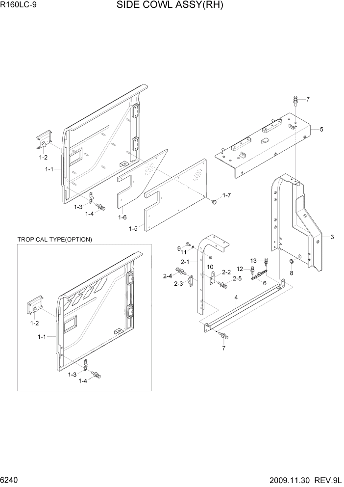 Схема запчастей Hyundai R160LC9 - PAGE 6240 SIDE COWL ASSY(RH) СТРУКТУРА