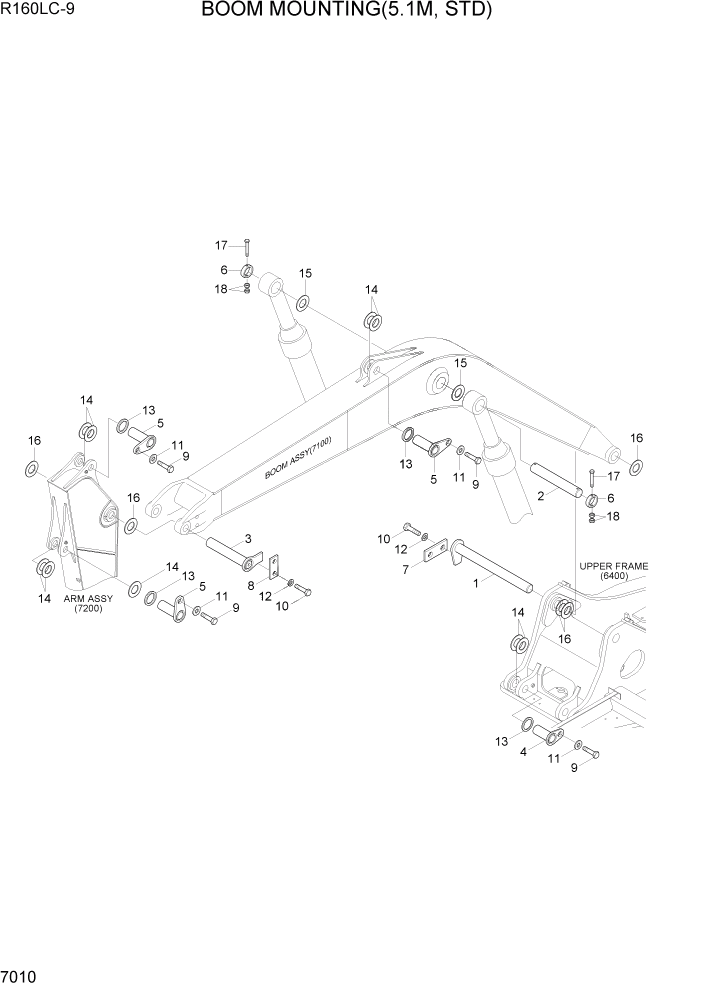 Схема запчастей Hyundai R160LC9 - PAGE 7010 BOOM MOUNTING(5.1M, STD) РАБОЧЕЕ ОБОРУДОВАНИЕ