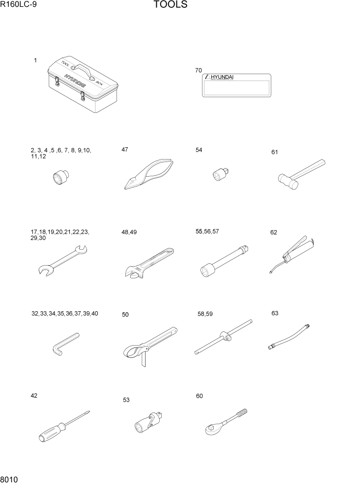 Схема запчастей Hyundai R160LC9 - PAGE 8010 TOOLS ДРУГИЕ ЧАСТИ