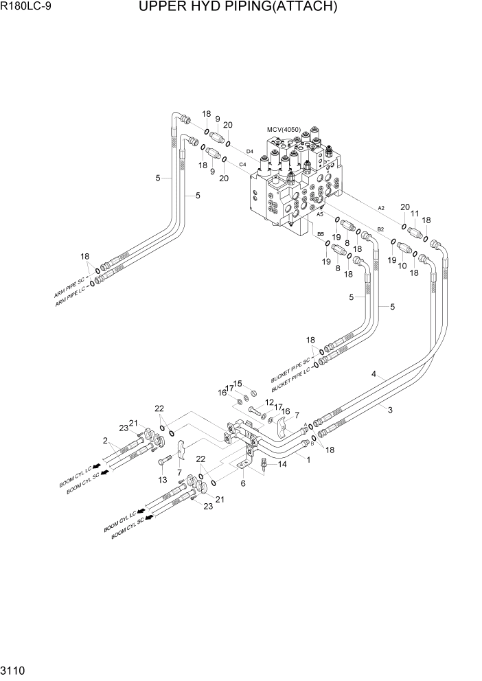 Схема запчастей Hyundai R180LC9 - PAGE 3110 UPPER HYD PIPING(ATTACH) ГИДРАВЛИЧЕСКАЯ СИСТЕМА