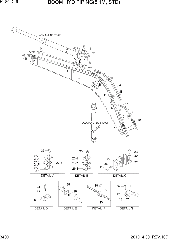 Схема запчастей Hyundai R180LC9 - PAGE 3400 BOOM HYD PIPING(5.1M, STD) ГИДРАВЛИЧЕСКАЯ СИСТЕМА