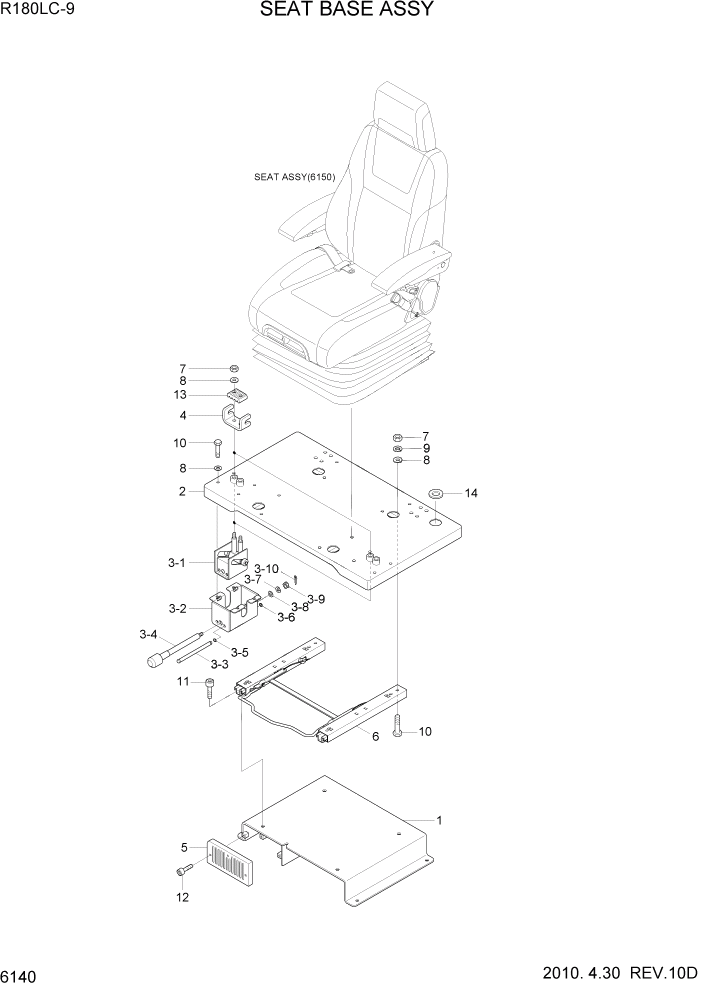 Схема запчастей Hyundai R180LC9 - PAGE 6140 SEAT BASE ASSY СТРУКТУРА