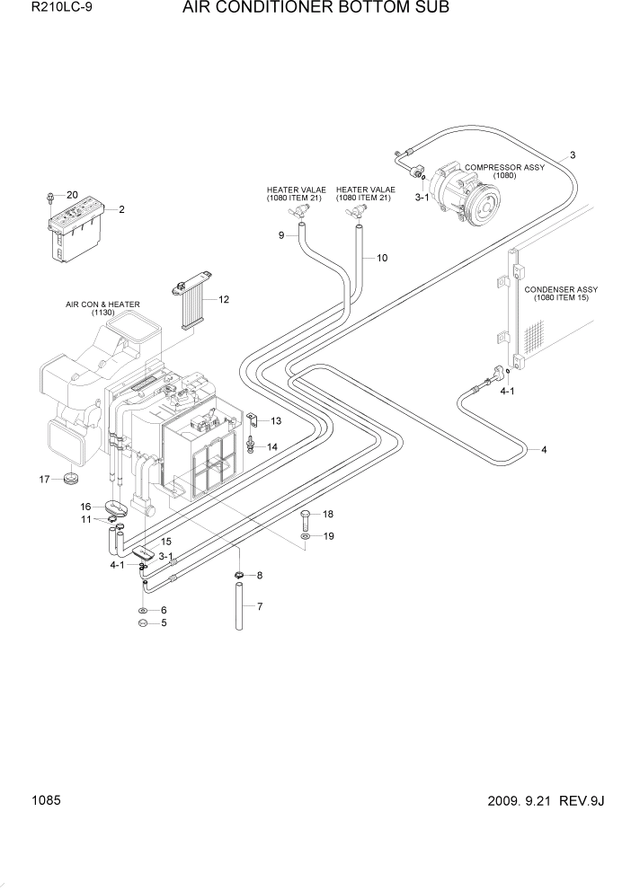 Схема запчастей Hyundai R210LC9 - PAGE 1085 AIR CONDITIONER BOTTOM SUB СИСТЕМА ДВИГАТЕЛЯ