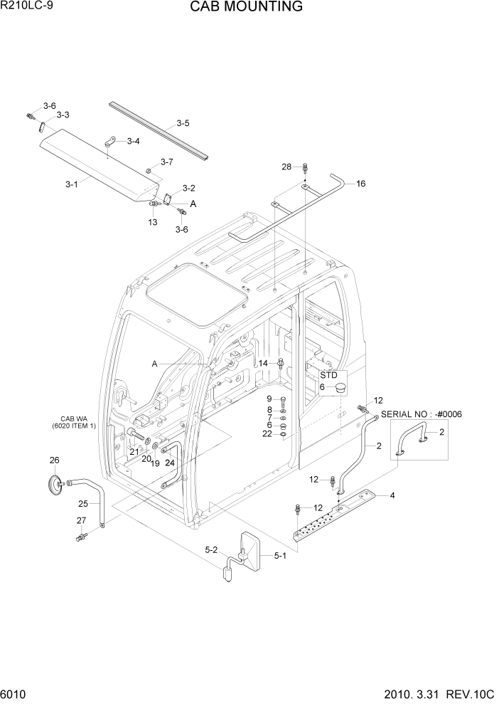 Схема запчастей Hyundai R210LC9 - PAGE 6010 CAB MOUNTING СТРУКТУРА