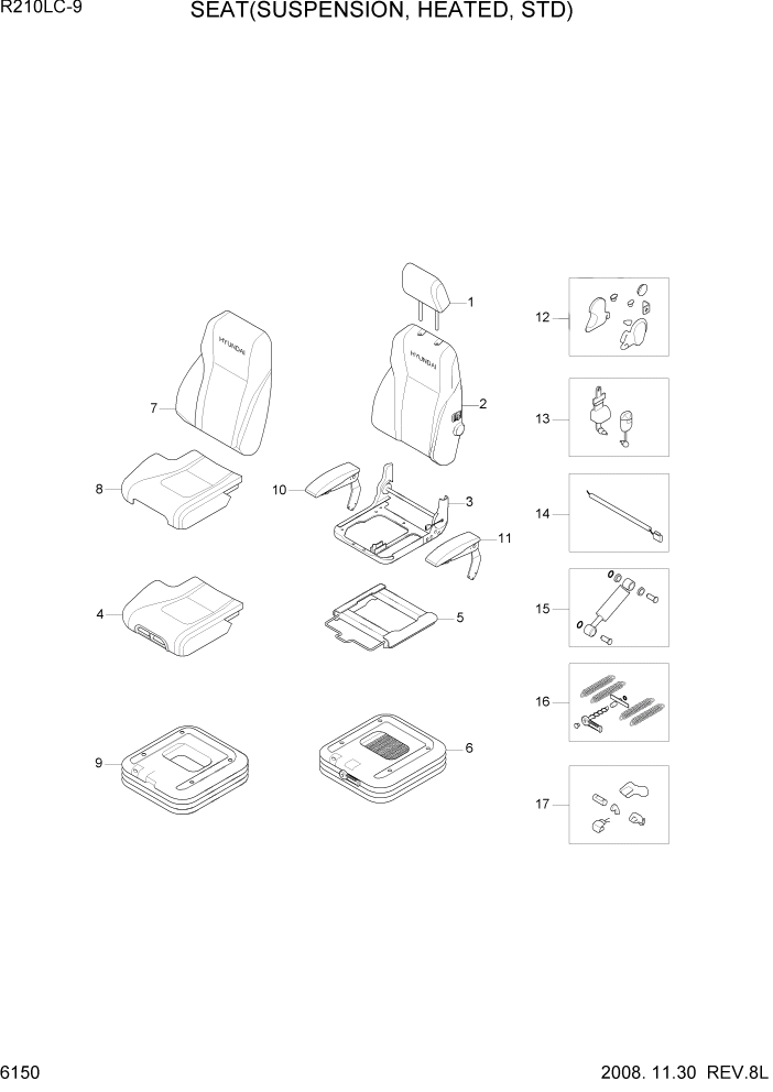 Схема запчастей Hyundai R210LC9 - PAGE 6150 SEAT(SUSPENSION, HEATED, STD) СТРУКТУРА