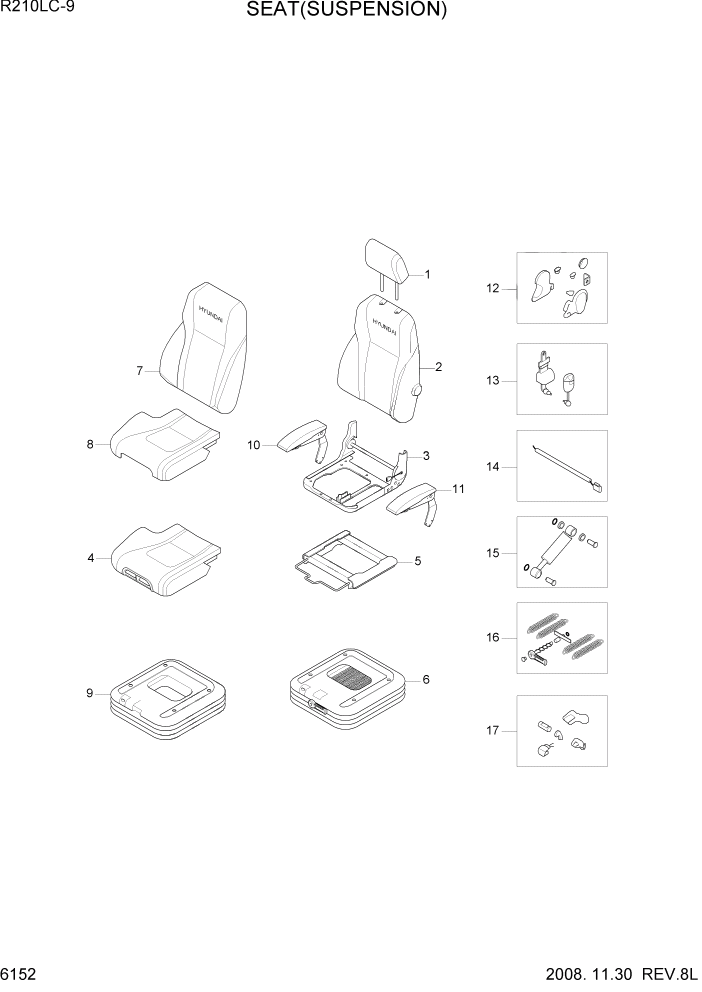 Схема запчастей Hyundai R210LC9 - PAGE 6152 SEAT(SUSPENSION) СТРУКТУРА