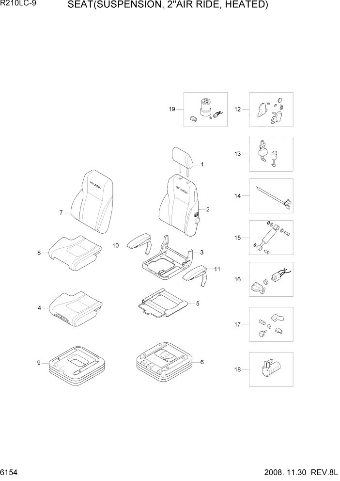 Схема запчастей Hyundai R210LC9 - PAGE 6154 SEAT(SUSPENSION, 2"AIR RIDE, HEATED) СТРУКТУРА