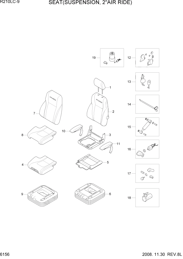 Схема запчастей Hyundai R210LC9 - PAGE 6156 SEAT(SUSPENSION, 2"AIR RIDE) СТРУКТУРА