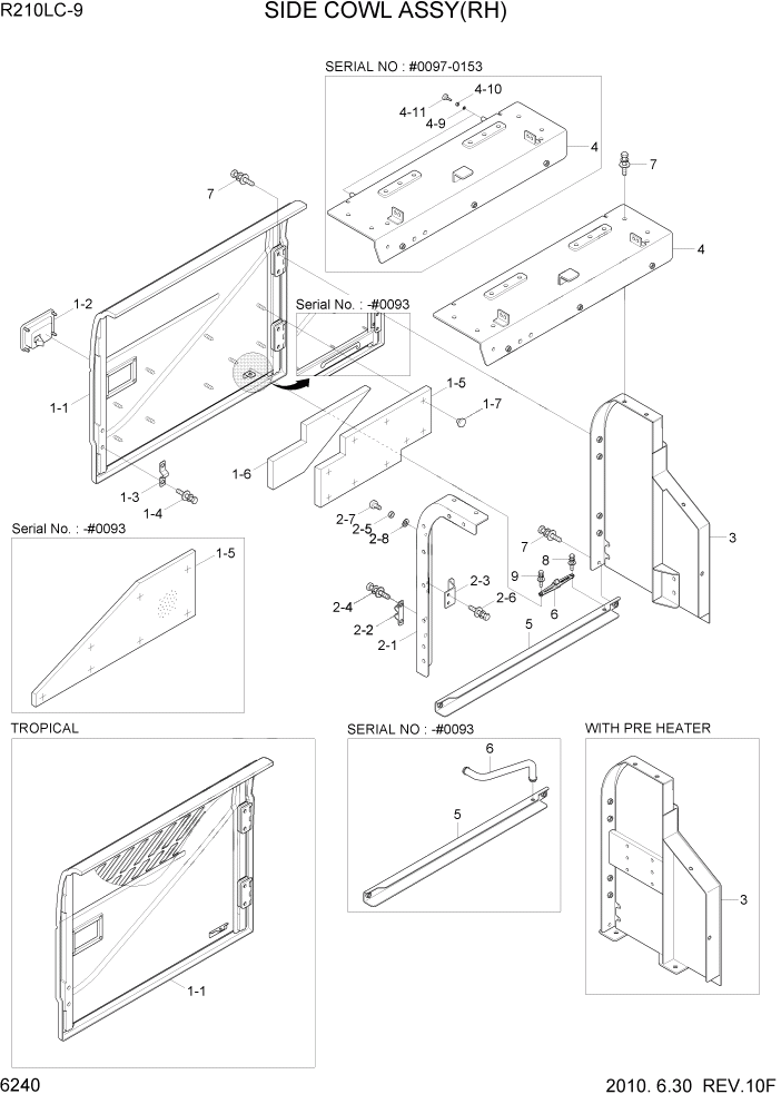 Схема запчастей Hyundai R210LC9 - PAGE 6240 SIDE COWL ASSY(RH) СТРУКТУРА