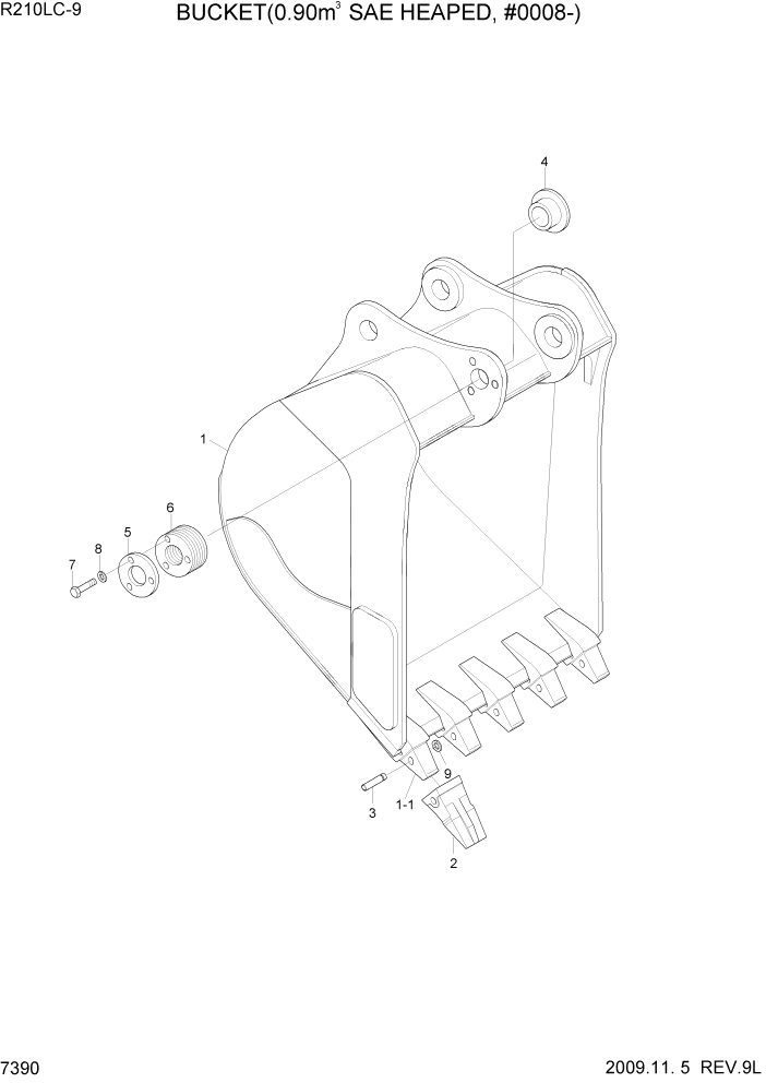 Схема запчастей Hyundai R210LC9 - PAGE 7390 BUCKET(0.90M3 SAE HEAPED, #0008-) РАБОЧЕЕ ОБОРУДОВАНИЕ