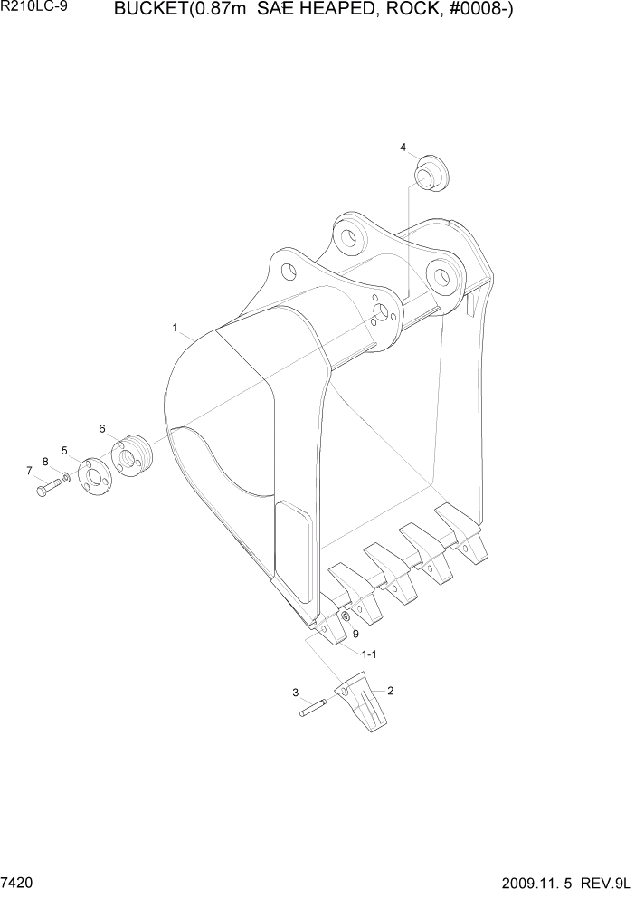 Схема запчастей Hyundai R210LC9 - PAGE 7420 BUCKET(0.87M3 SAE HEAPED, ROCK, #0008-) РАБОЧЕЕ ОБОРУДОВАНИЕ