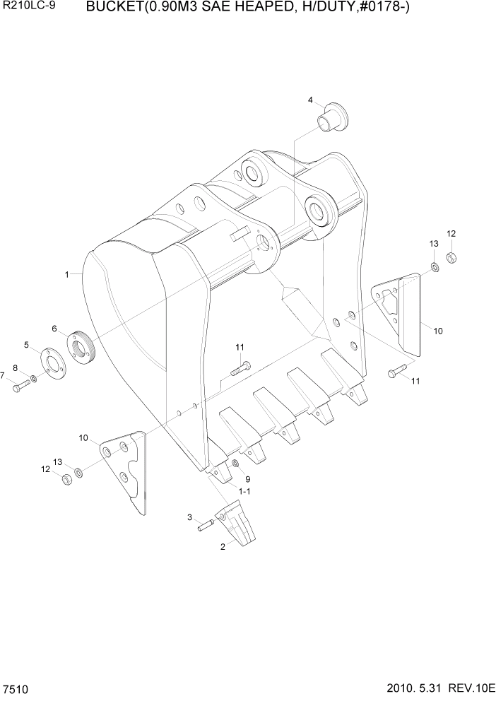 Схема запчастей Hyundai R210LC9 - PAGE 7510 BUCKET(0.90M3 SAE HEAPED, H/DUTY,#0178-) РАБОЧЕЕ ОБОРУДОВАНИЕ