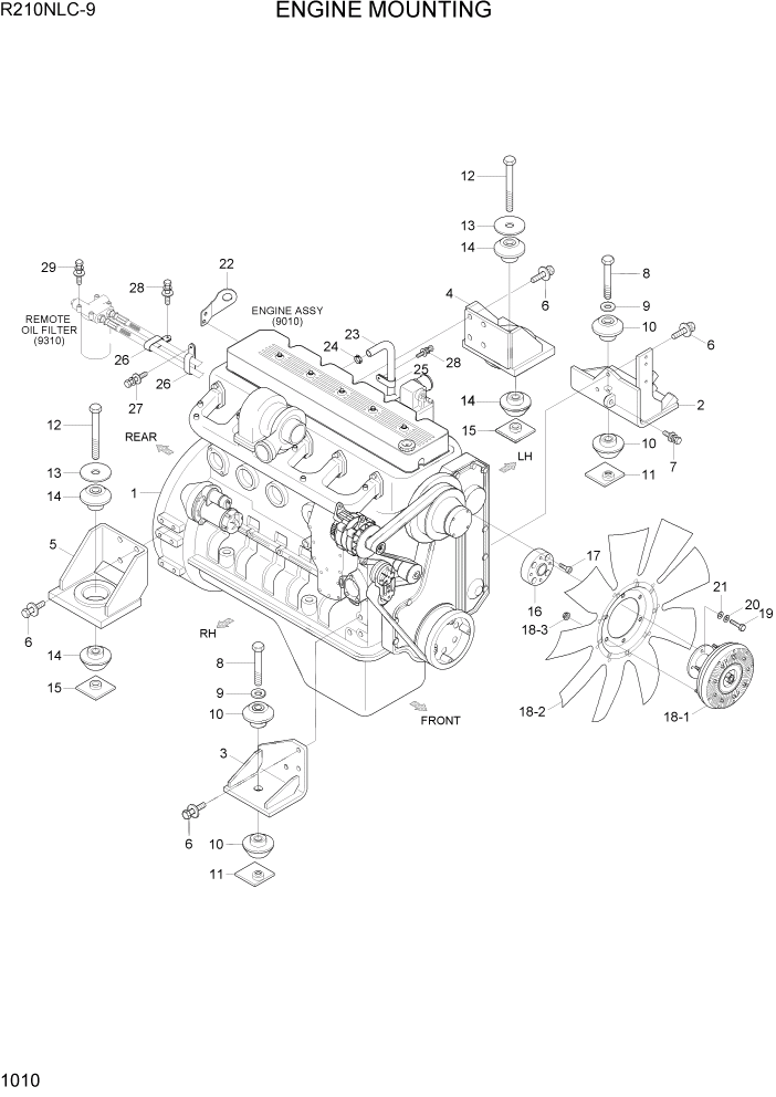 Схема запчастей Hyundai R210NLC9 - PAGE 1010 ENGINE MOUNTING СИСТЕМА ДВИГАТЕЛЯ