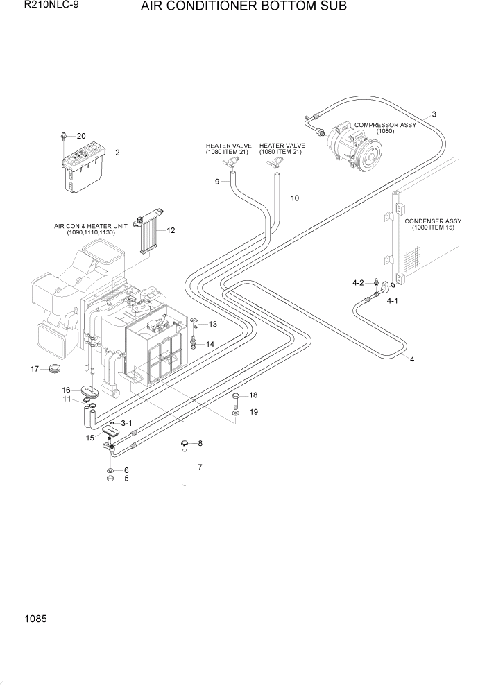 Схема запчастей Hyundai R210NLC9 - PAGE 1085 AIR CONDITIONER BOTTOM SUB СИСТЕМА ДВИГАТЕЛЯ