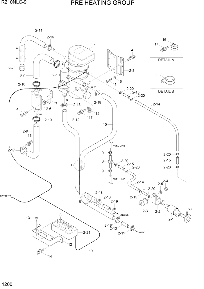 Схема запчастей Hyundai R210NLC9 - PAGE 1200 PRE HEATING GROUP СИСТЕМА ДВИГАТЕЛЯ